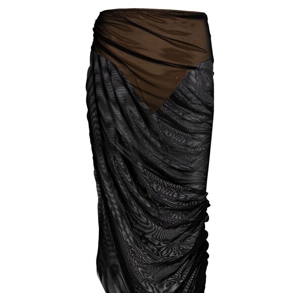 Norma Kamali Diana Ruched Mesh Maxi Skirt Black Nude - Picture 7 of 9